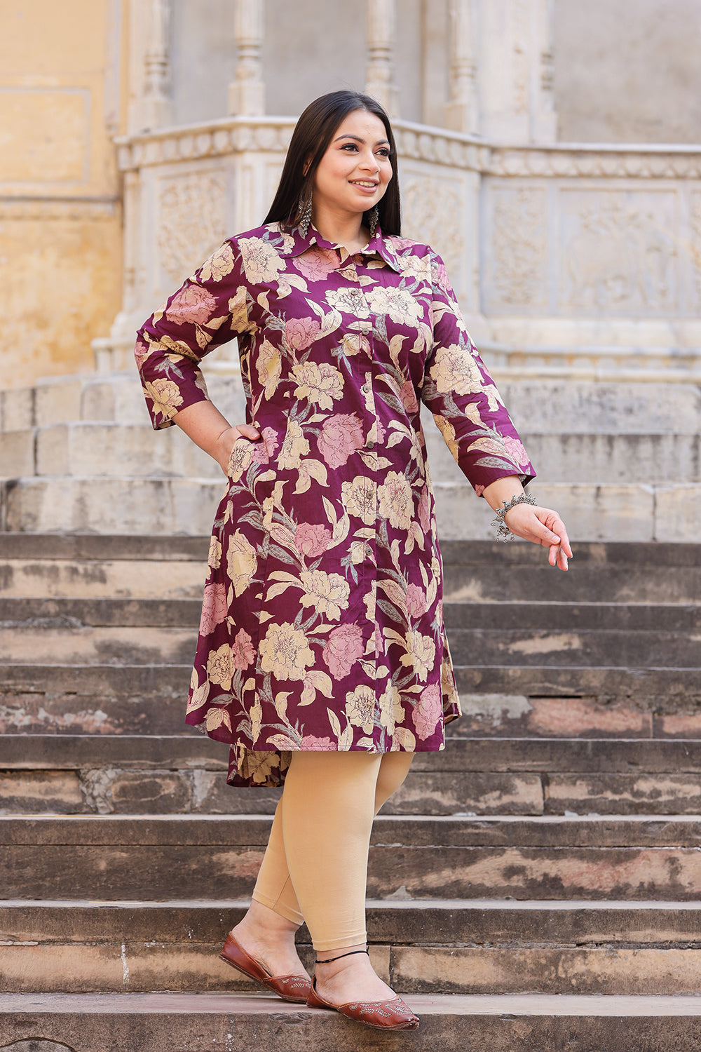 Buy Maroon Floral Cotton Short Kurti for Women | Best Formal Full Sleeve Kurta