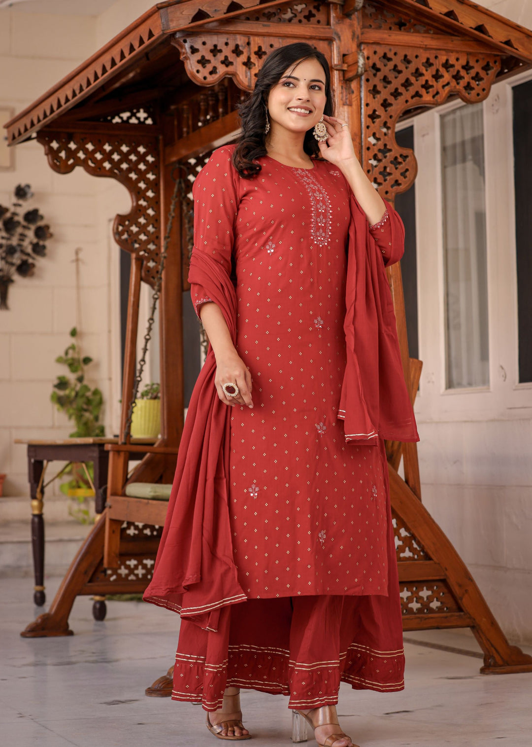 Best Gold Work Red Cotton Sharara Set for Women