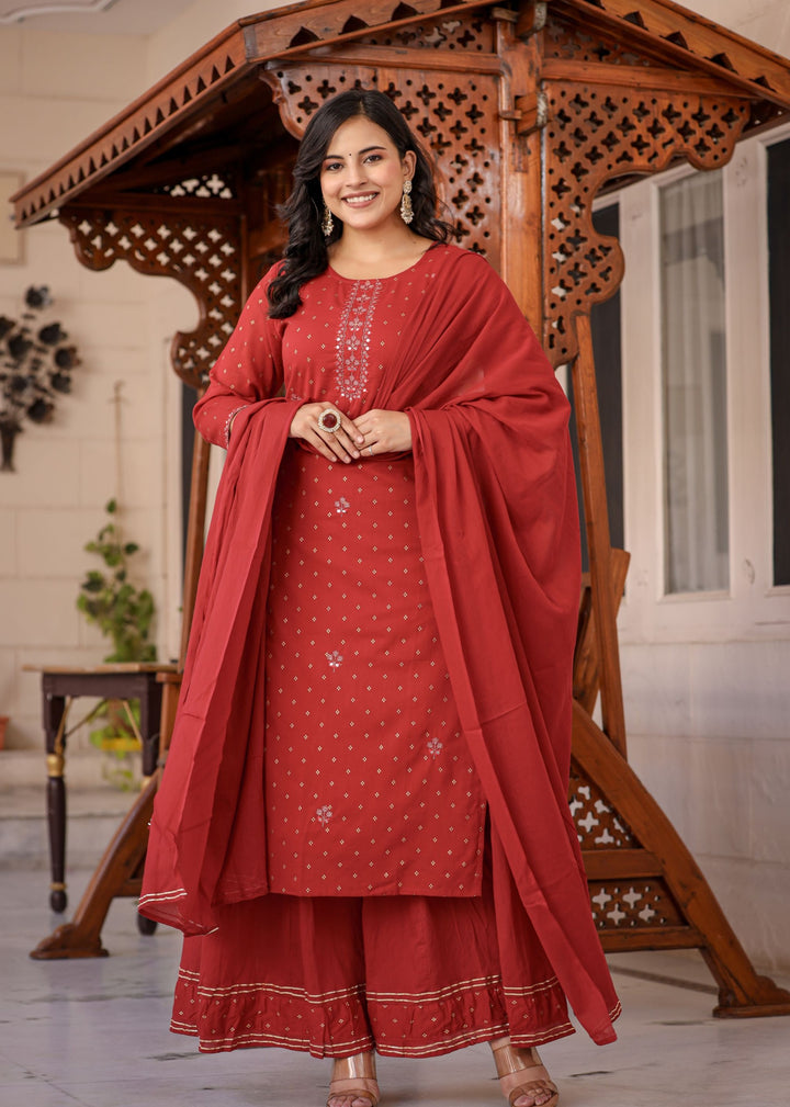 Best Gold Work Red Cotton Sharara Set for Women
