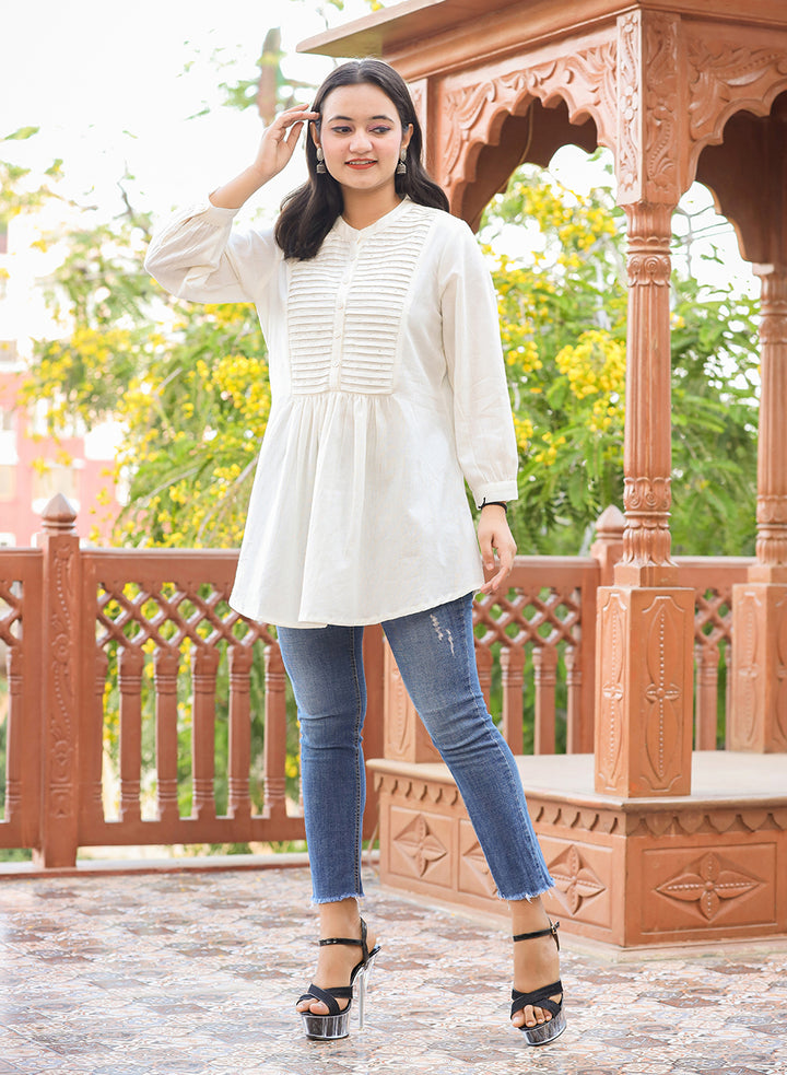 Pastel White Cotton Tunic Top With Pearl Work (pack of 1)