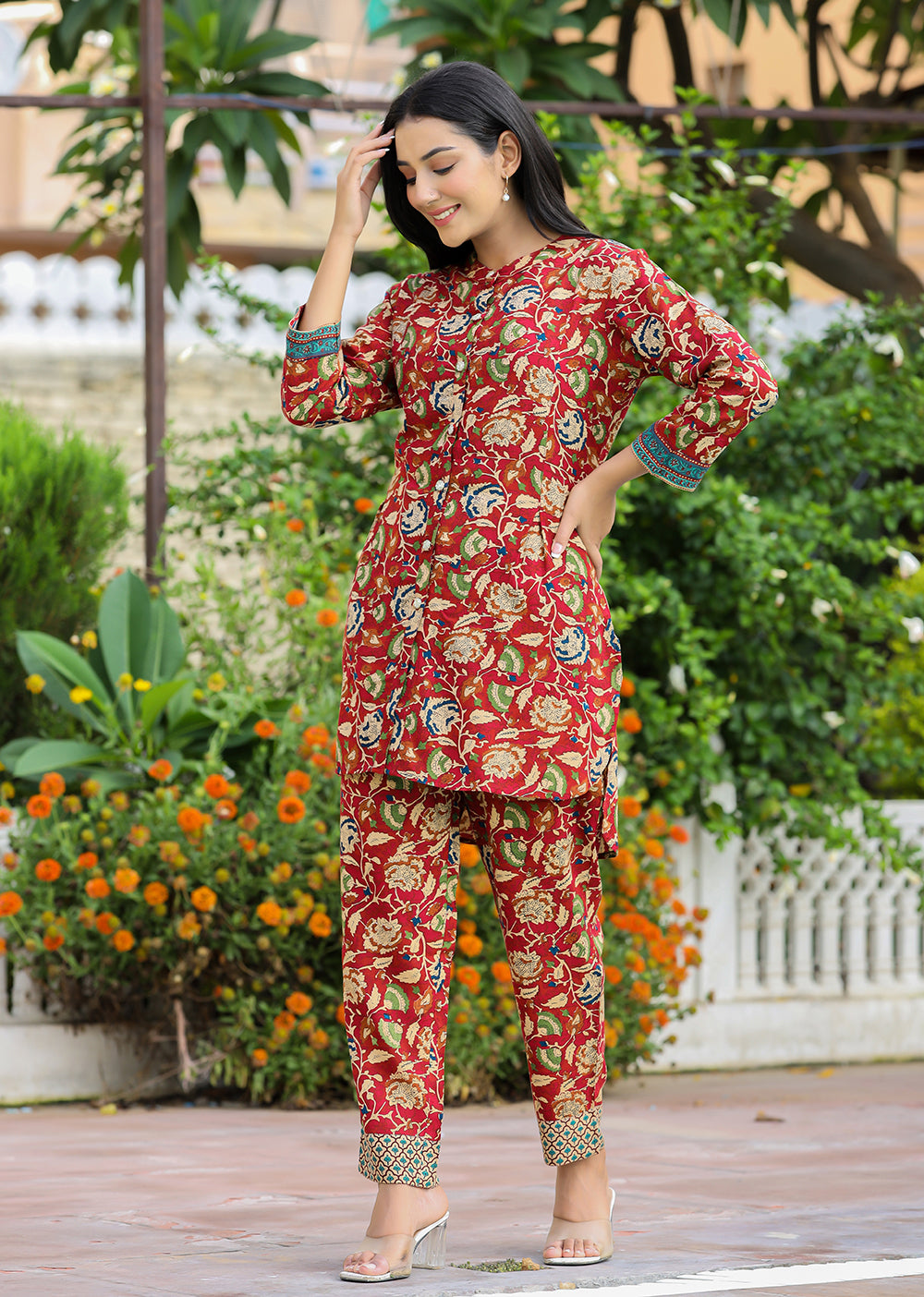 Buy Maroon Kalamkari Pant Suit for Women | Best Designer Kurti Set Online in India