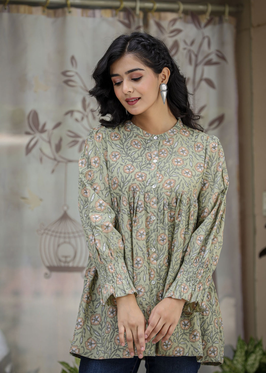 Buy Green Floral Cotton tunic for women |  Best Designer Short Kurti Top