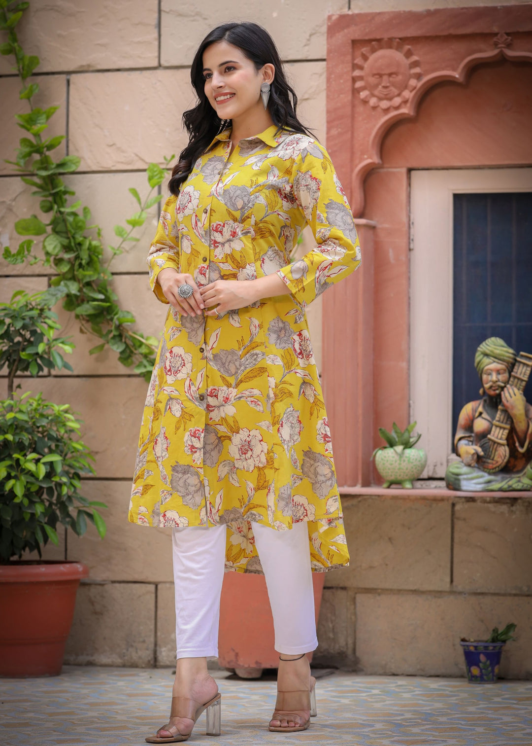 Yellow Floral Print Cotton Kurta For Ladies | Best Casual Full Sleeve Kurta