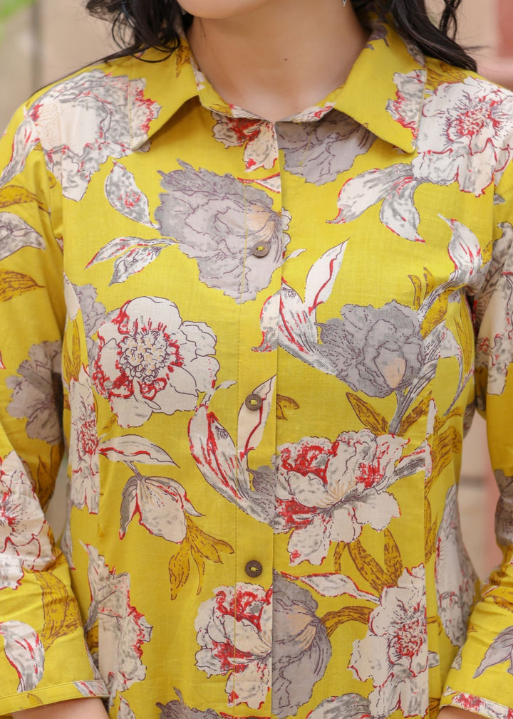 Yellow Floral Print Cotton Kurta For Ladies | Best Casual Full Sleeve Kurta