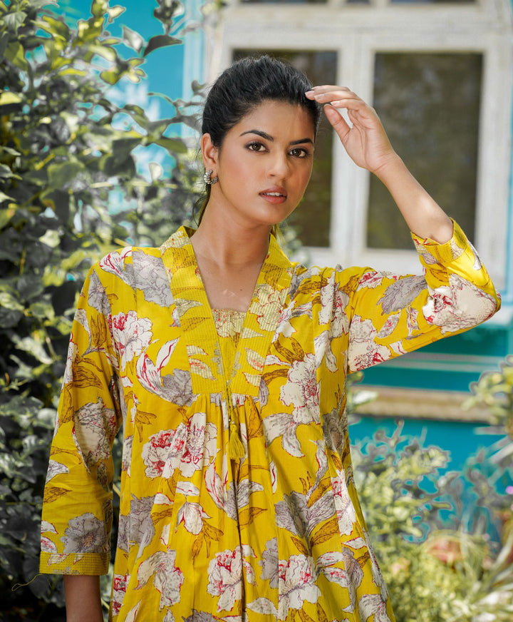 Buy Yellow Floral Cotton Short Kurti for Women | Best Formal Full Sleeve Kurta