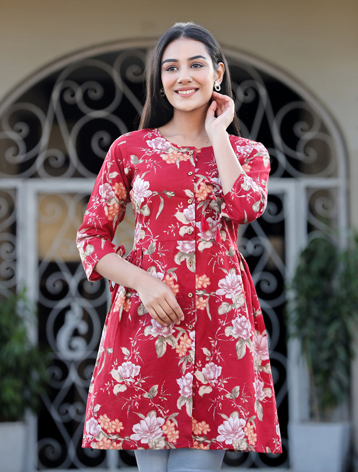  Red Floral Cotton tunic for women | Best Designer Short Kurti Top