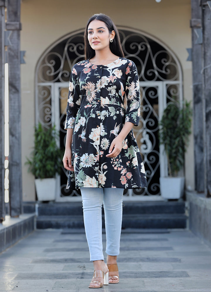 Black Floral Cotton tunic for women 