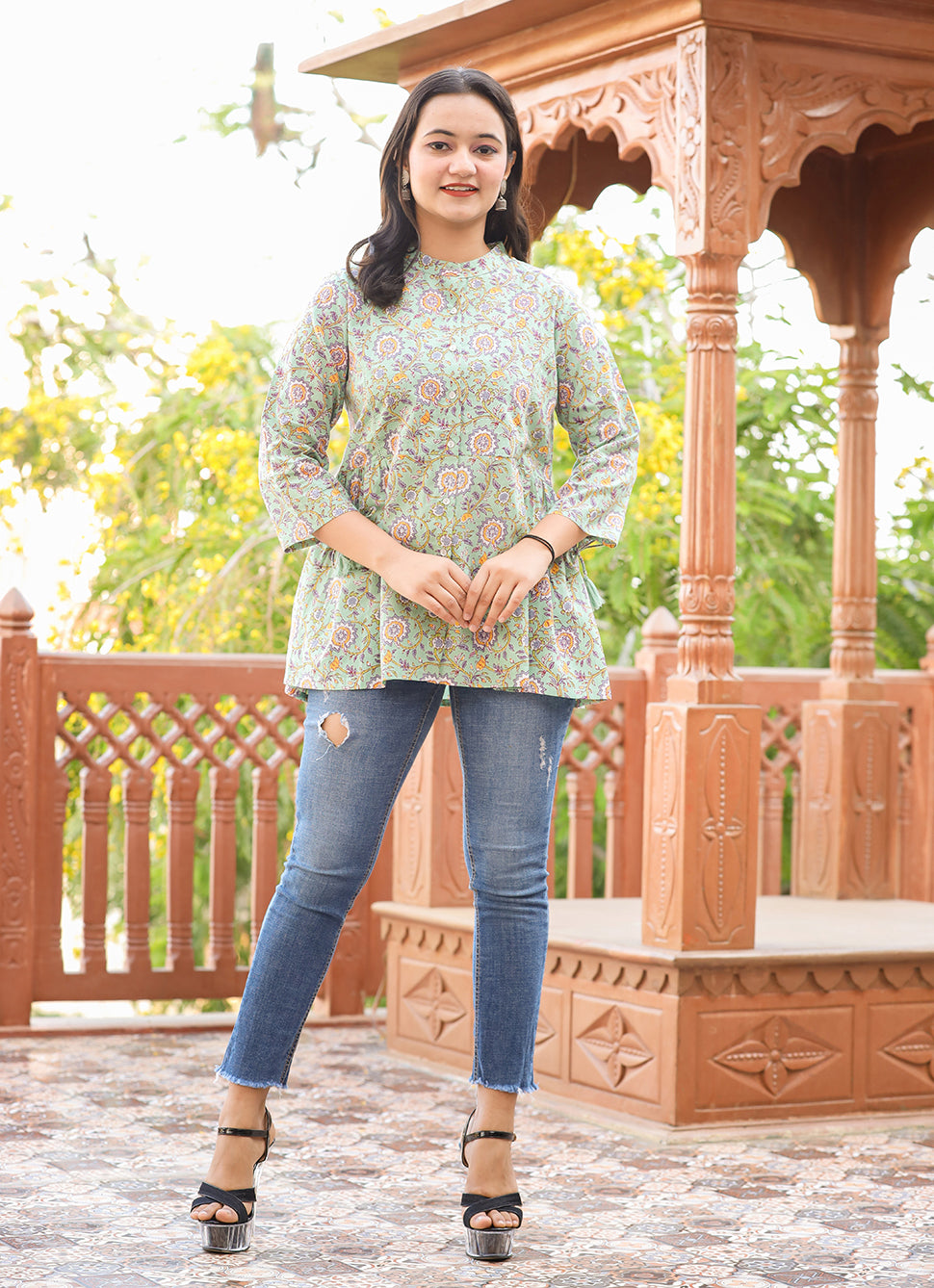 Buy Green Floral Cotton Top | Best Tunic Tops for Women Online in India 