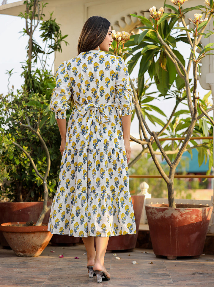Sunshine White-Yellow Handblock Cotton Dress (set of 1)