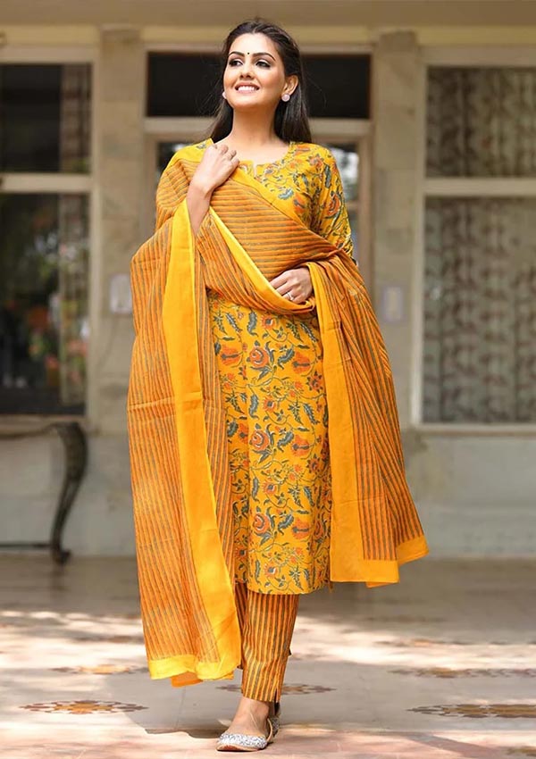 Yellow Floral Printed Cotton Suit Set (pack of 3)