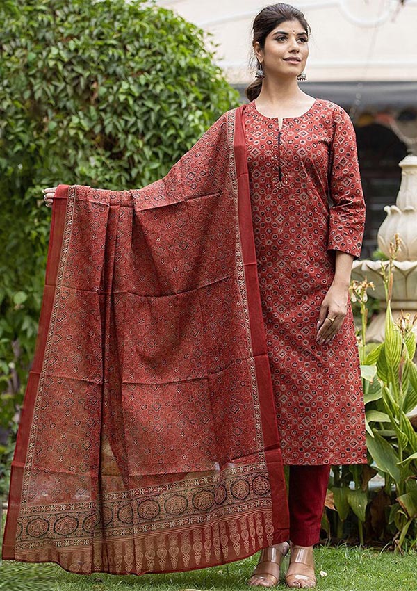 Buy a Red Cotton Suit Set for Ladies | Best Party Wear Salwar Suit for Women 