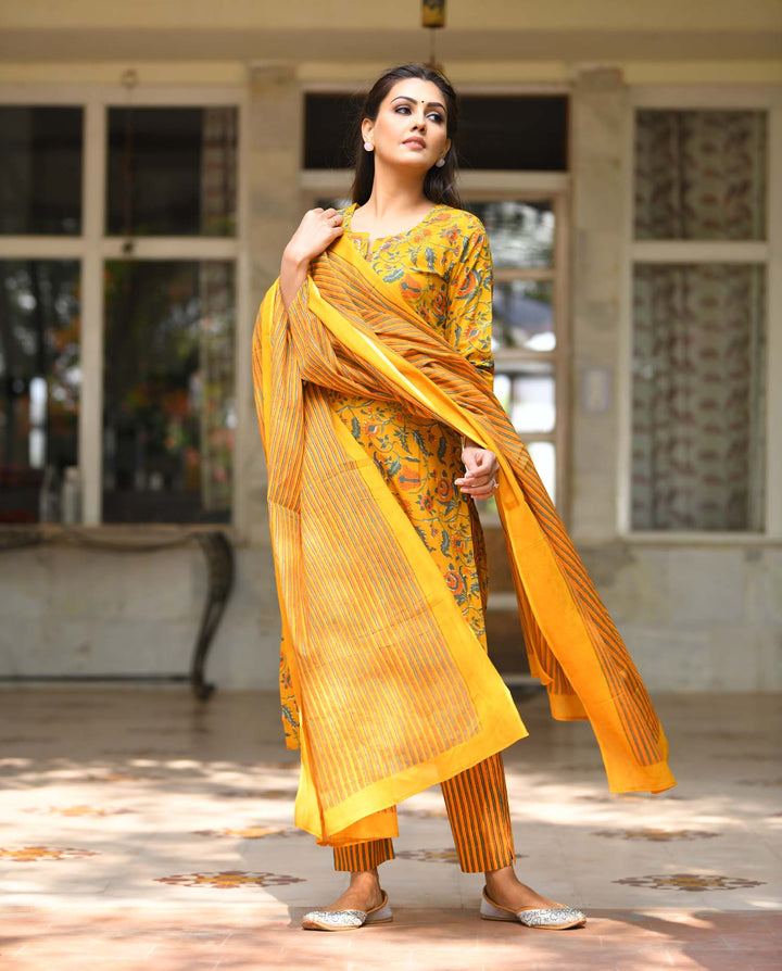 Buy a Yellow Cotton Suit Set With Dupatta Online | Best Kurta Set for Ladies