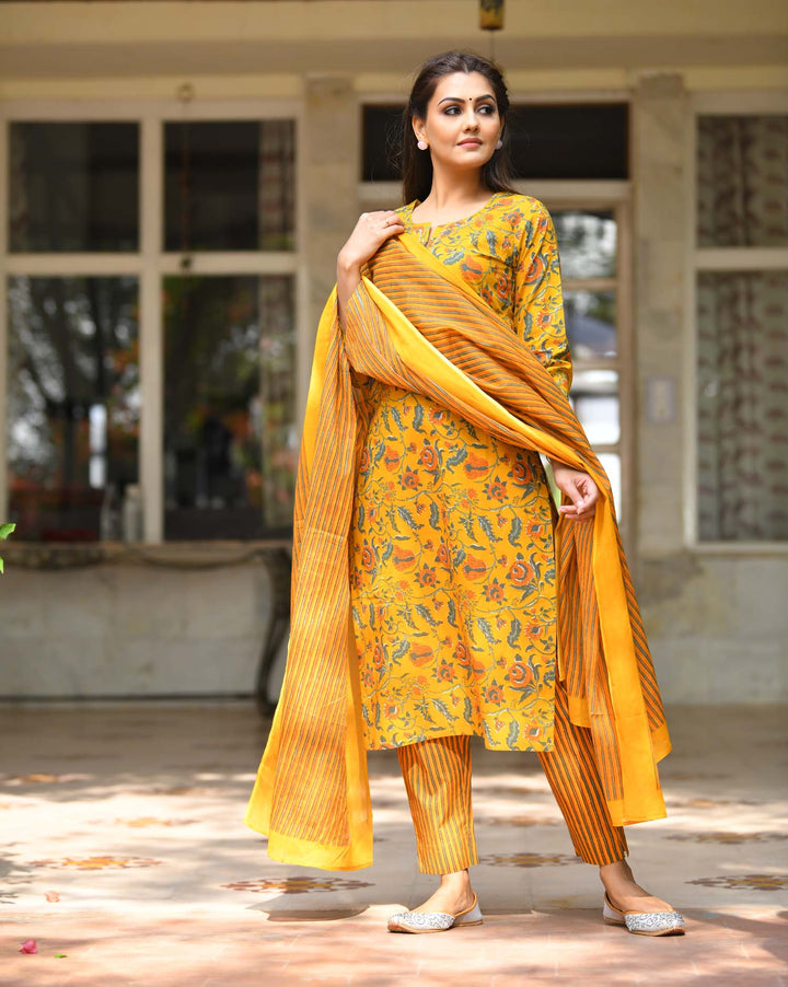 Buy a Yellow Cotton Suit Set With Dupatta Online | Best Kurta Set for Ladies