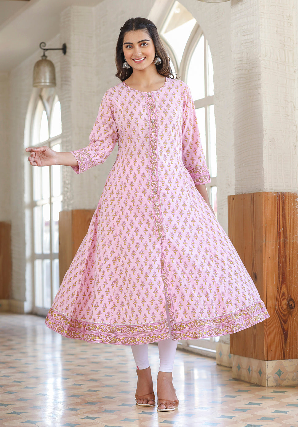 Buy Pink Cotton Long kurti for Women | Best Formal Full Sleeve Kurta