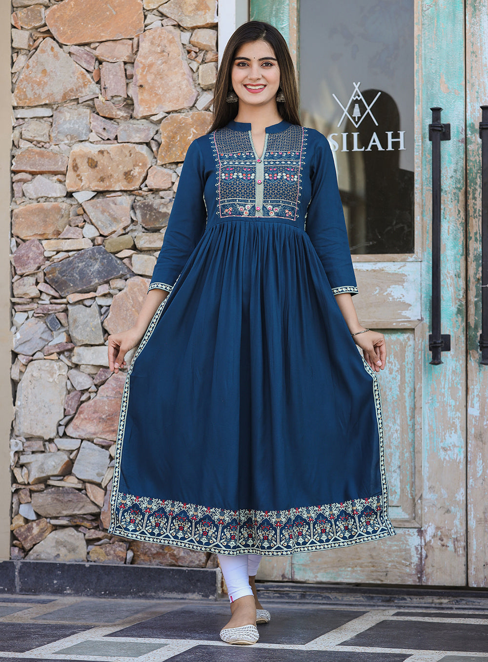 Buy Blue Long Ethnic Gown for Women | Best Formal Full Sleeve Dress