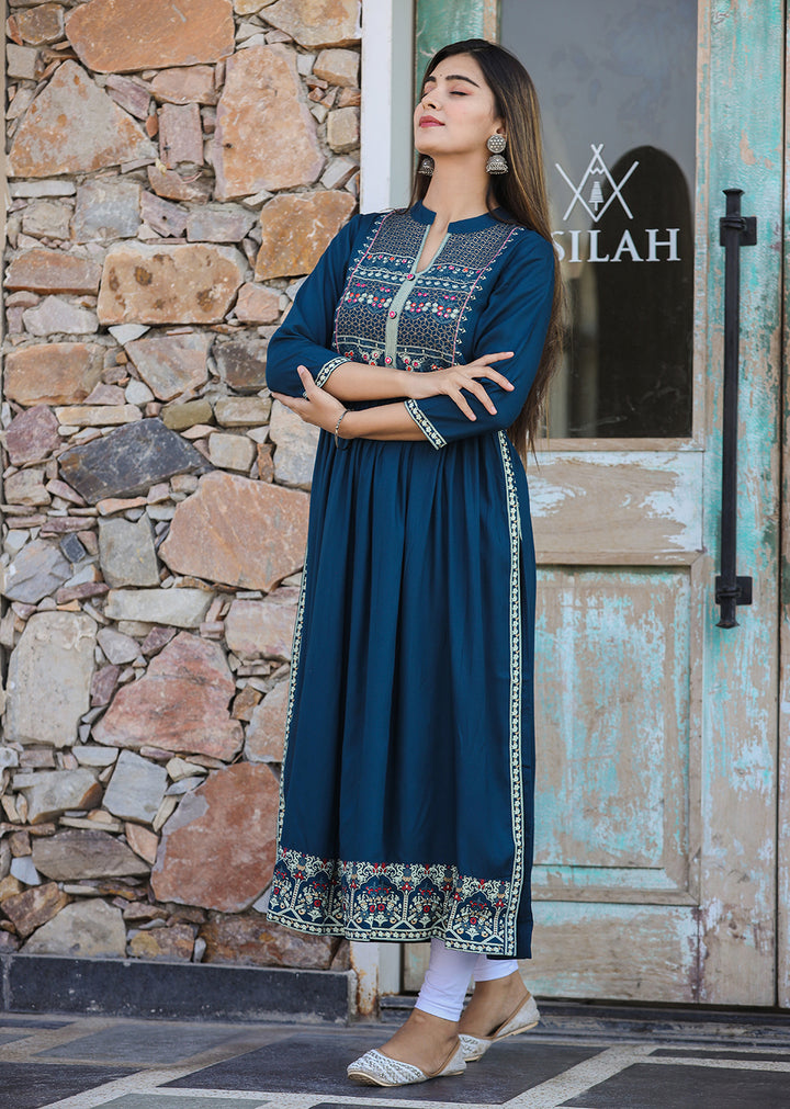 Buy Blue Long Ethnic Kurti for Women | Best Formal Full Sleeve Dress