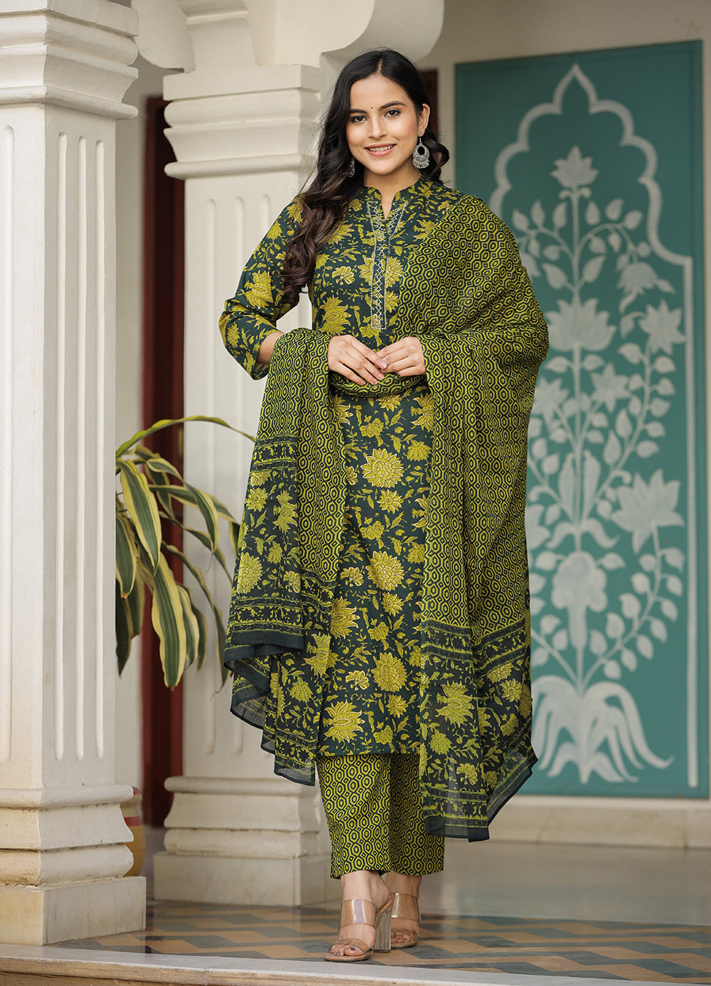 Buy a Green Floral Suit Set With Dupatta Online | Best Cotton Suit for Ladies