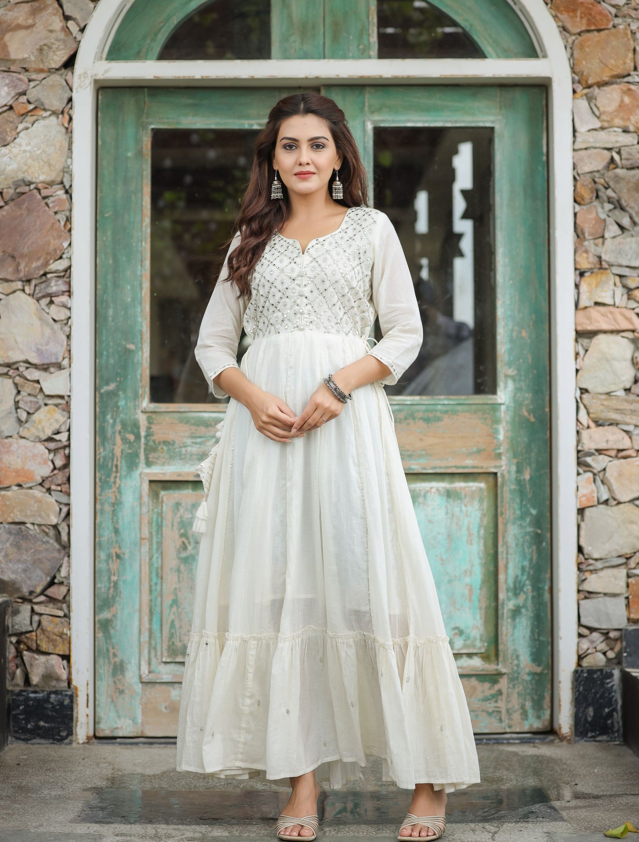 Buy Likha White Fit and Flare Ethnic Dress with Neon Embroidery LIKKUR50  Online