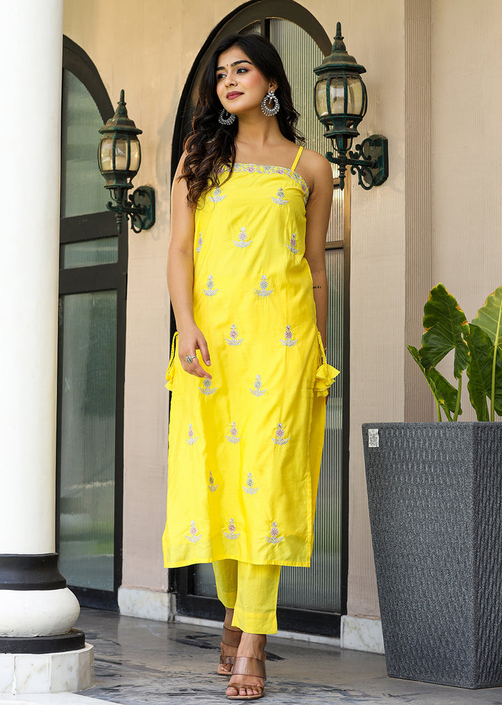 Yellow Sleeveless Silk Kurta Pant With Dupatta Set