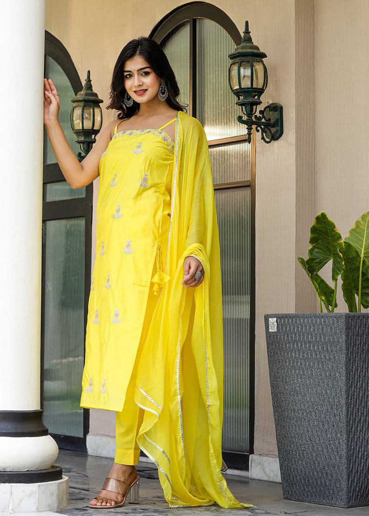 Yellow Sleeveless Silk Kurta Pant With Dupatta Set