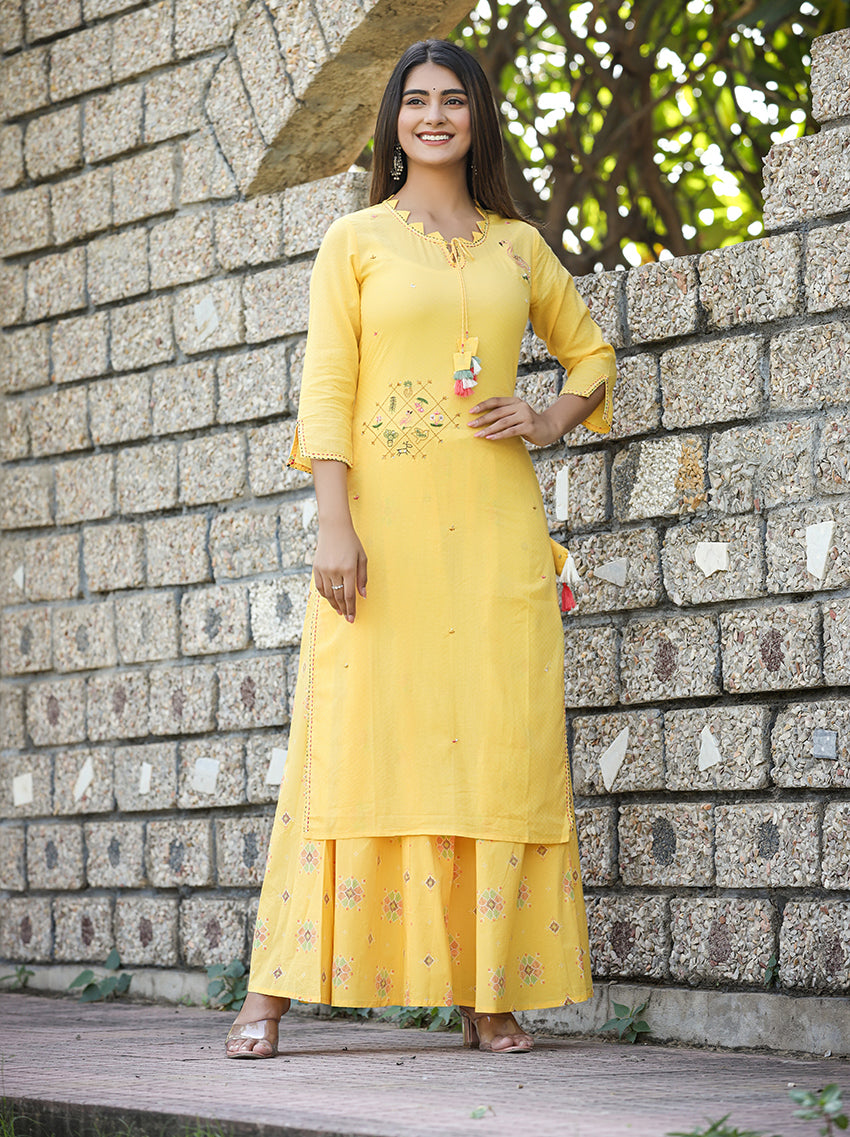 sharara dress for wedding, Yellow Cotton Sharara Suit, Sharara Set 