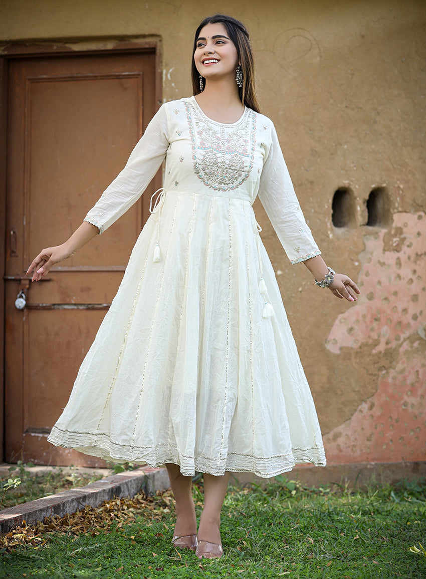 Buy White Cotton Schiffli Hand Painted Panelled Ethnic Dress With Dupatta  by Designer SCAKHI for Women online at Kaarimarket.com