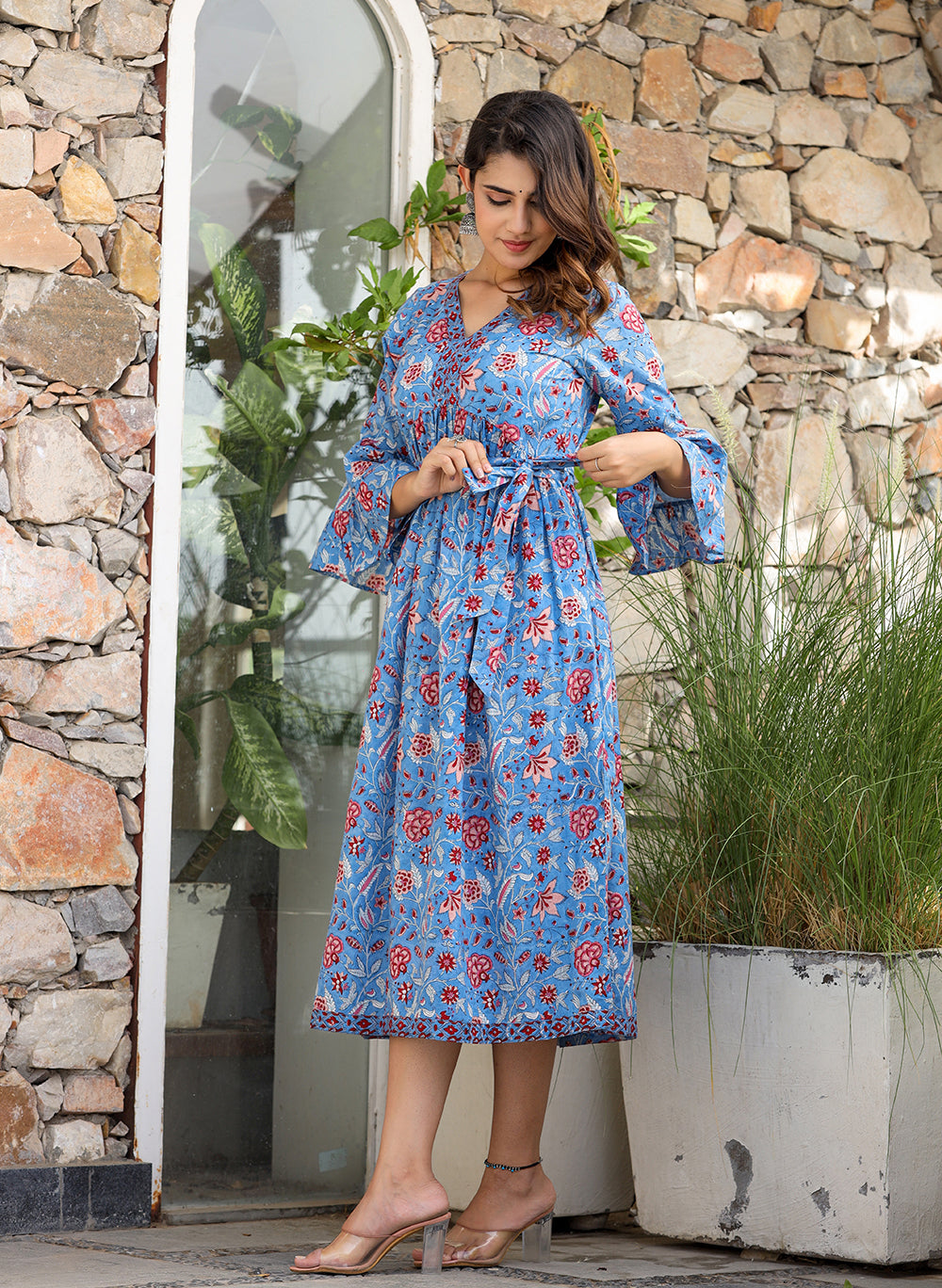 Blue Hand Block Printed Dress Online in India
