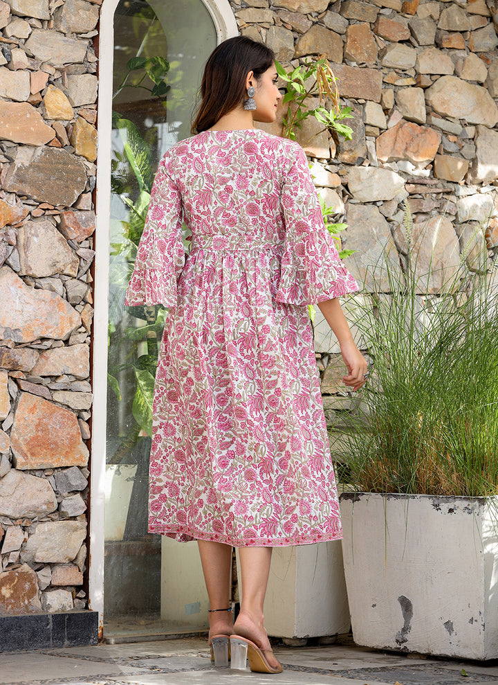 Pink Floral Printed Cotton Handblock Dress (pack of 1)
