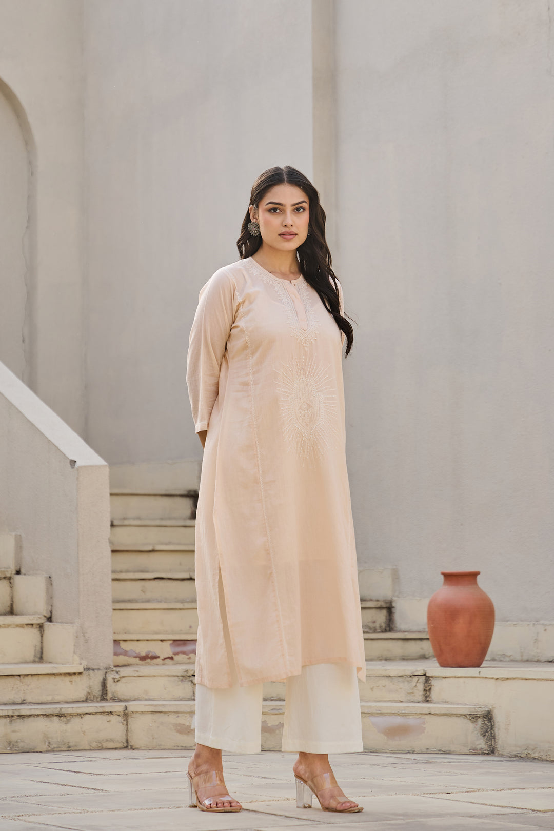 Noor Peach Chikankari Embroidered Kurta