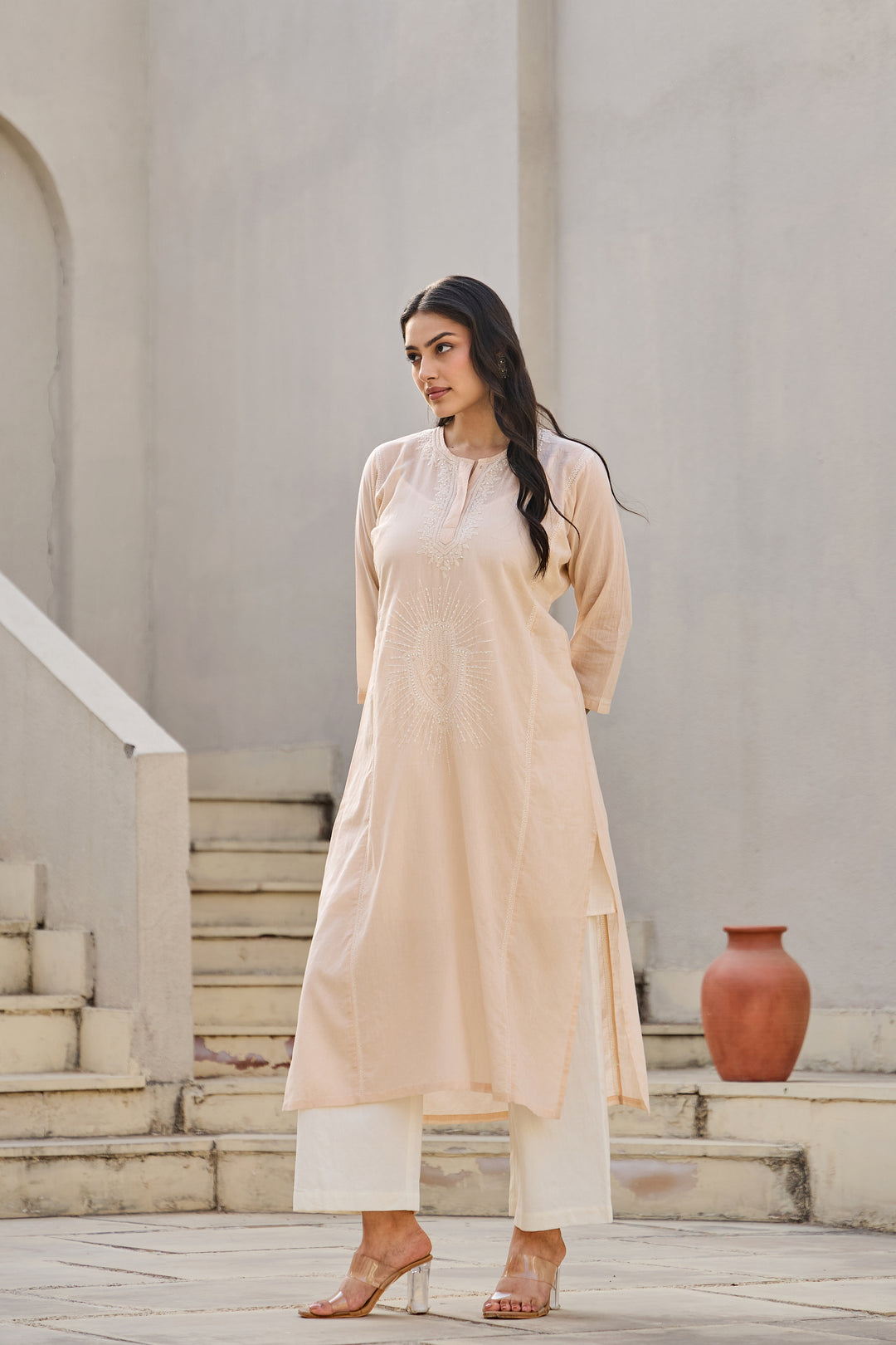 Noor Peach Chikankari Embroidered Kurta
