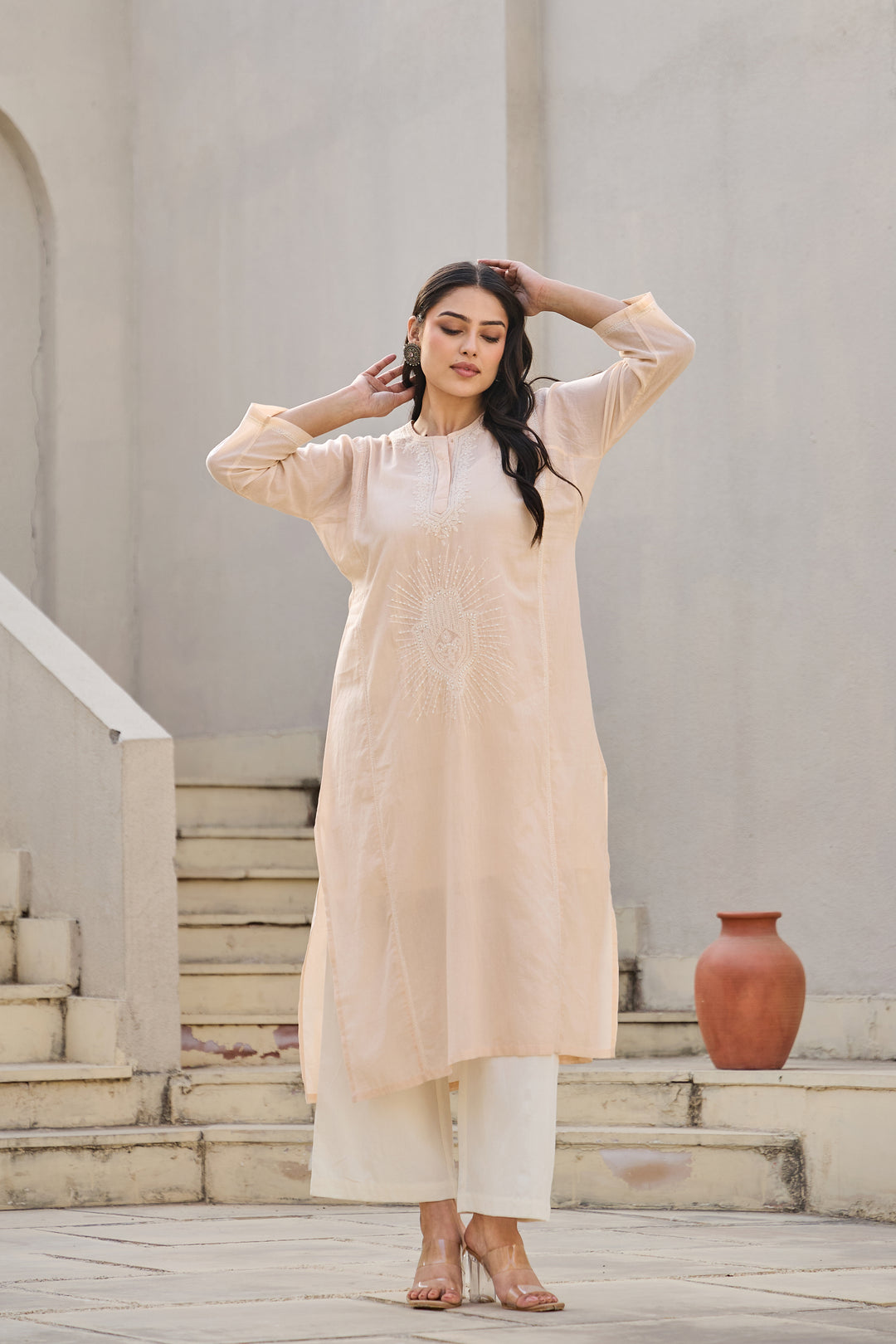 Noor Peach Chikankari Embroidered Kurta