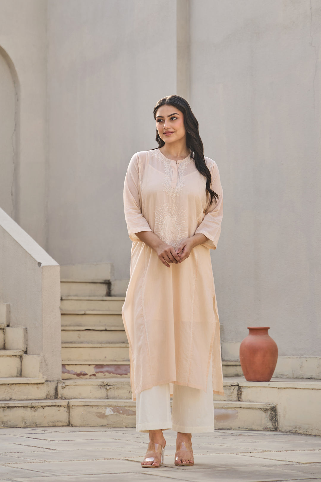 Noor Peach Chikankari Embroidered Kurta