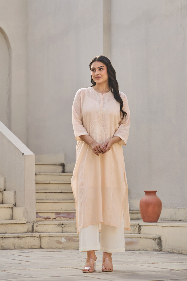 Noor Peach Chikankari Embroidered Kurta