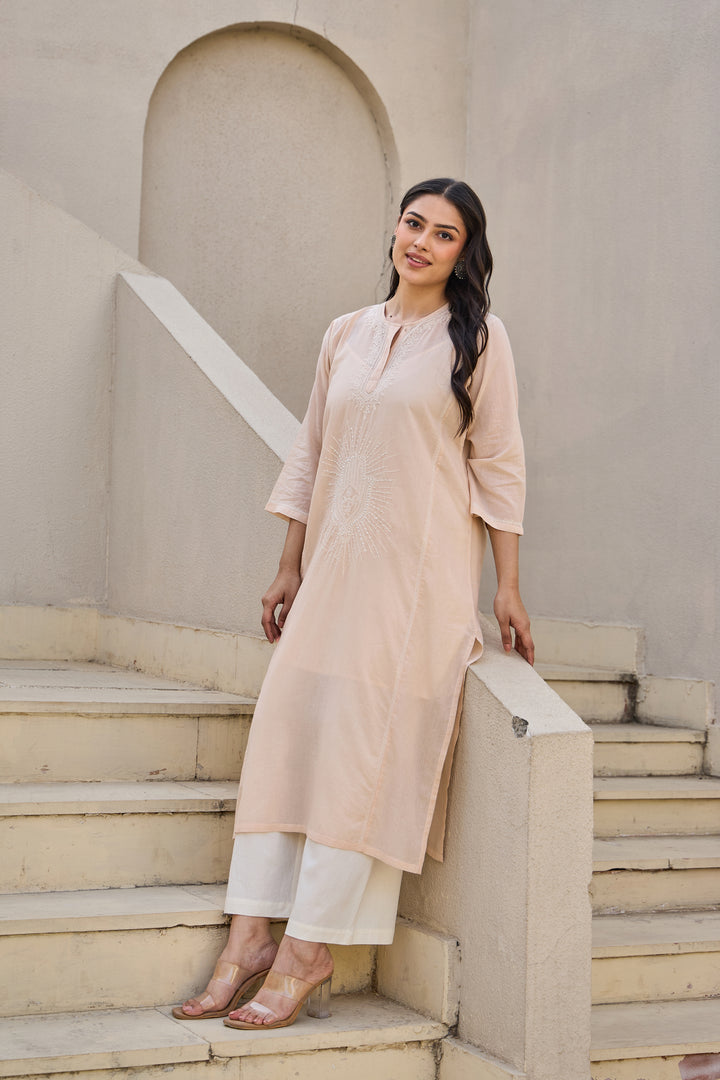Noor Peach Chikankari Embroidered Kurta