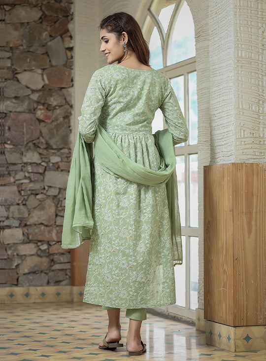 Green Printed Cotton Kurta Pant Set With Dupatta (pack of 3)