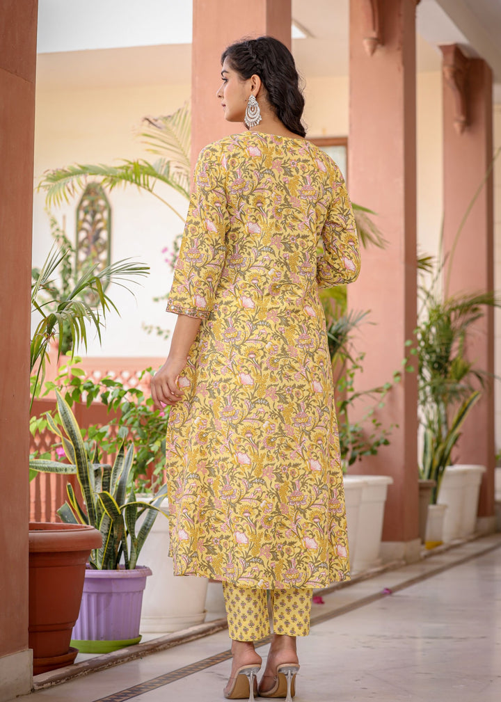 Yellow Floral Printed Cotton Kurta Pant Set With Dupatta (Set Of 3)