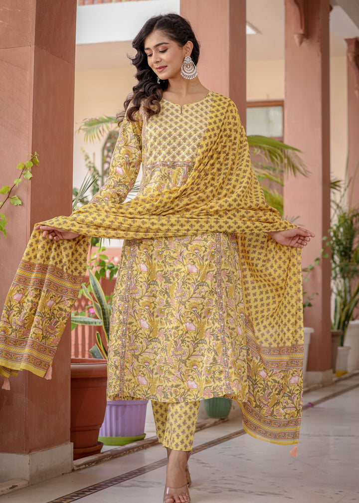 Yellow Floral Printed Cotton Kurta Pant Set With Dupatta (Set Of 3)