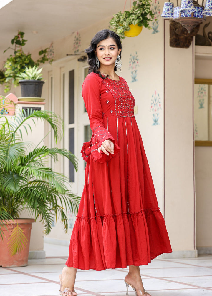 Red Mirror Embroidery Cotton Ethnic Gown (pack of 1)