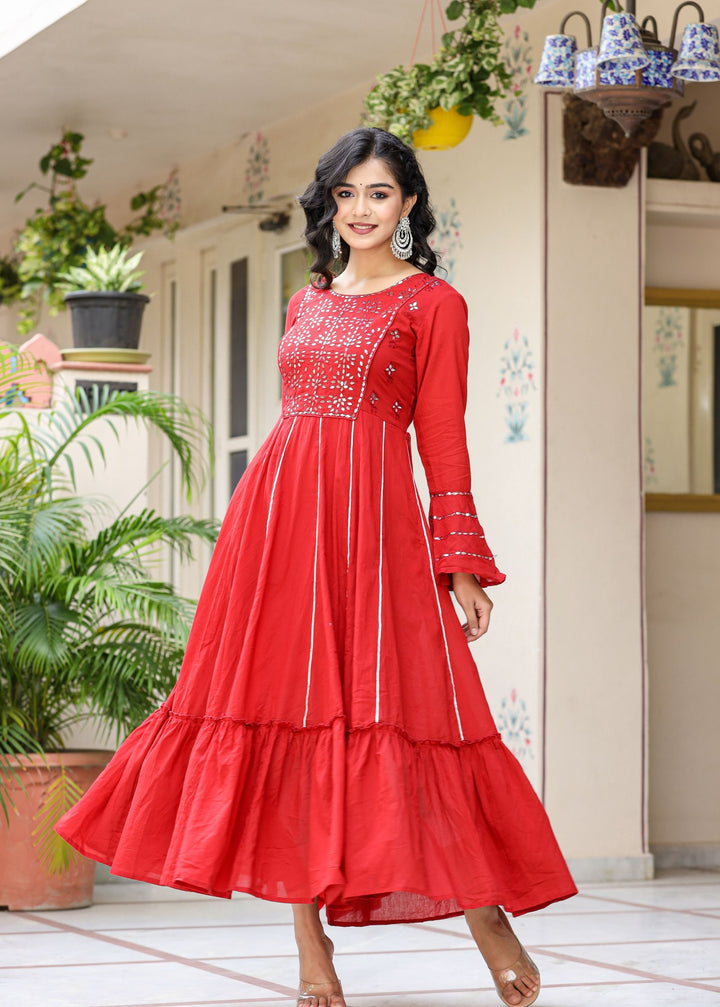 Red Mirror Embroidery Cotton Ethnic Gown (pack of 1)