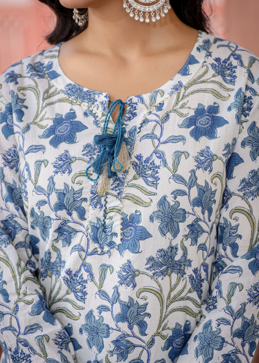 Blue Floral Printed Cotton Kurta Pant Set (Set of 2)