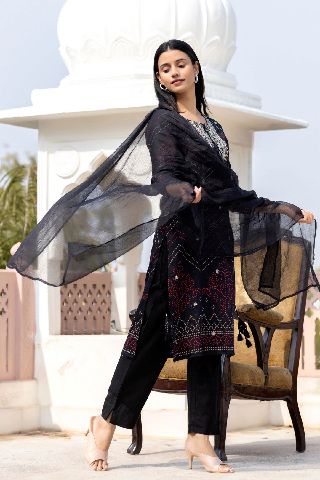 Black Embroidered Cotton Kurta Pant Set With Dupatta (Set Of 3) - Kaajh - #tag4#