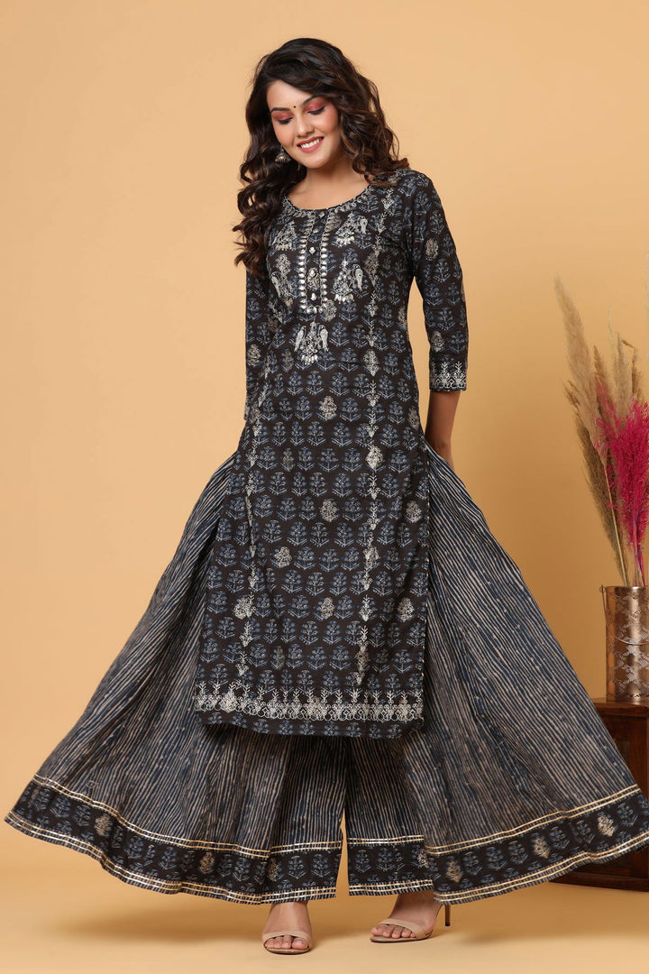 Black Embroidered Cotton Kurta Sharara Set (Set Of 3) - Kaajh - #tag4#