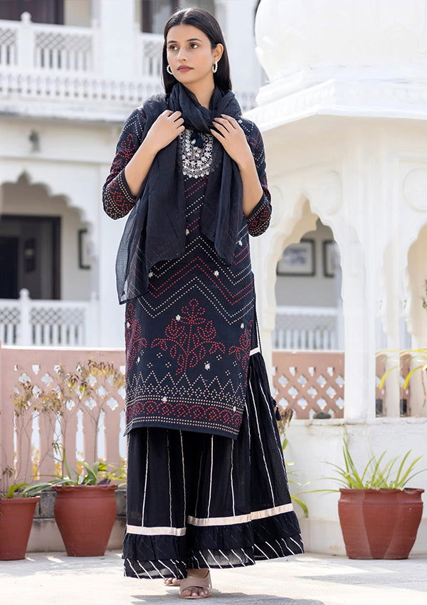 Black Embroidered Cotton Kurta Sharara Set With Dupatta (pack of 3) - Kaajh - #tag4#