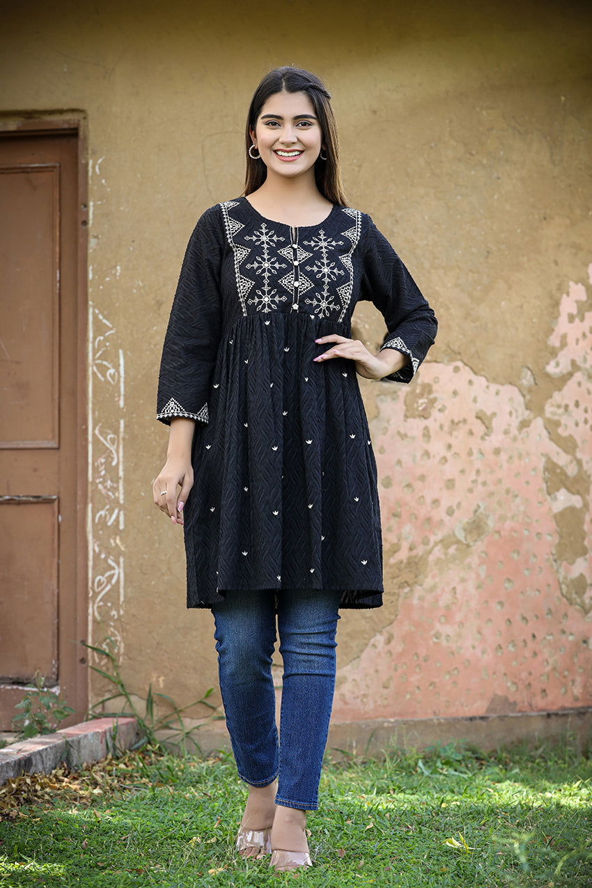Black Embroidery Cotton Top - Kaajh - #tag4#