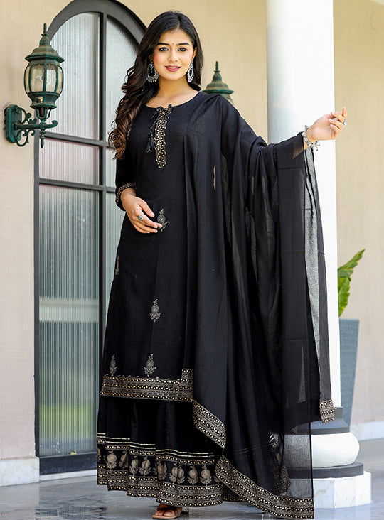 Black Gold Embellished Cotton Kurta Sharara With Dupatta (set of 3) - Kaajh - #tag4#