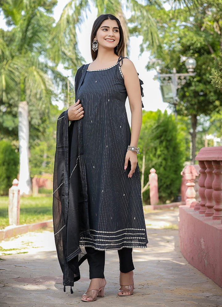Black Lurex Sleeveless Cotton Kurta Pant With Dupatta Set (pack of 3) - Kaajh - #tag4#