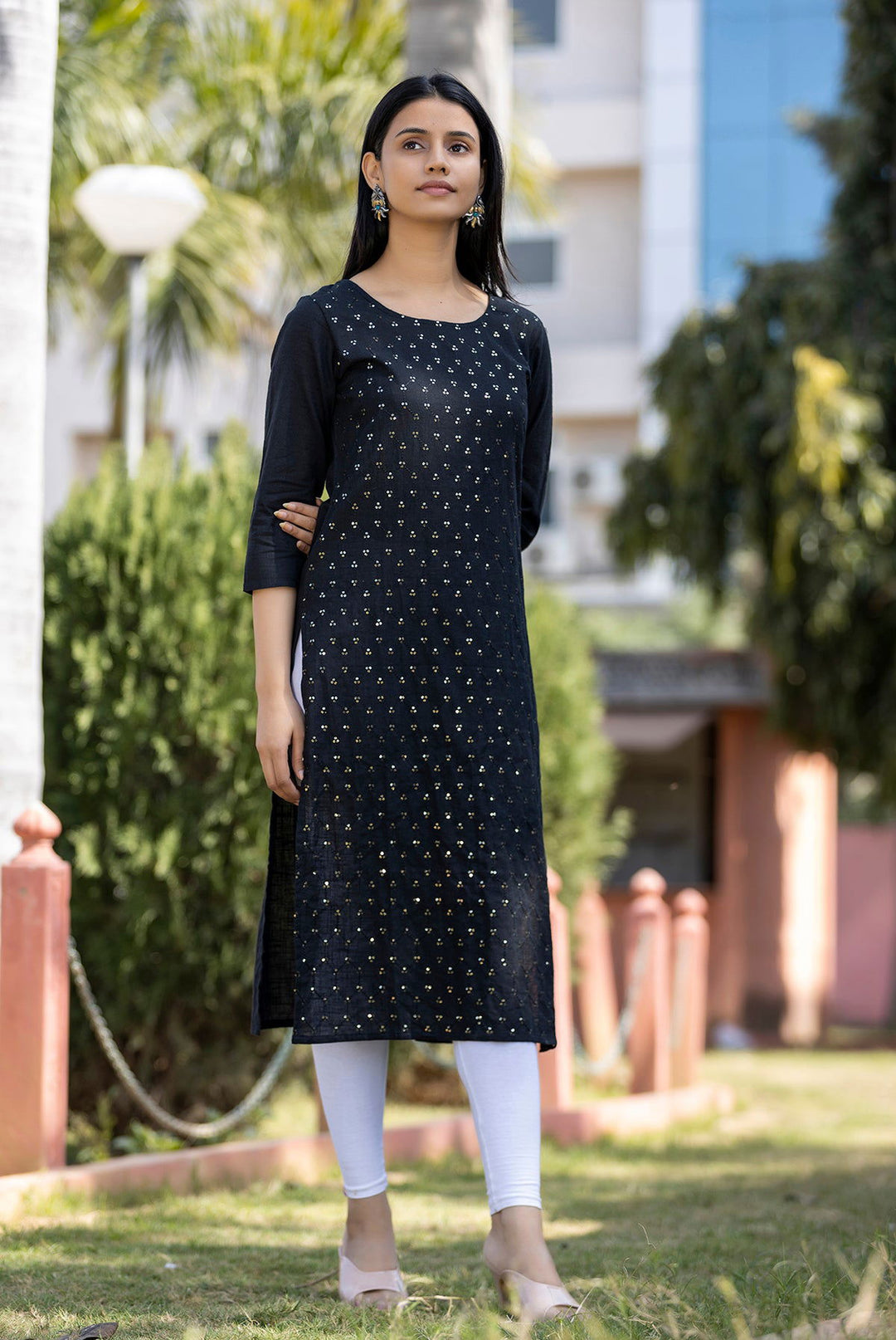 Black Solid Sequins Embellished Cotton Casual Kurta (pack of 1) - Kaajh - #tag4#