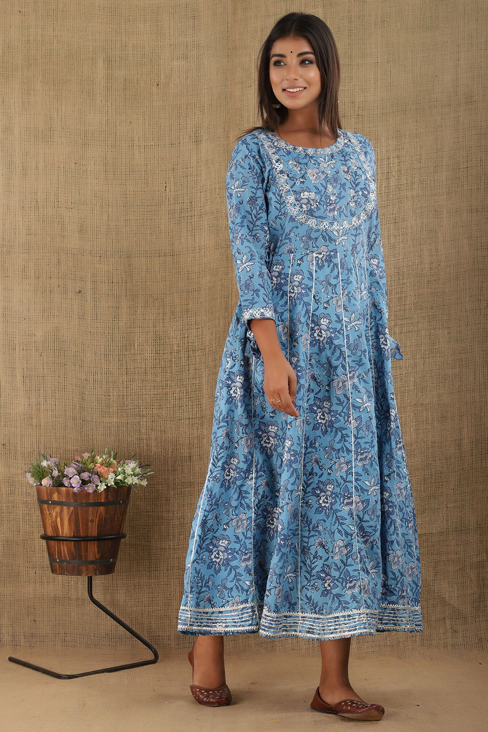 Blue Embroidered Cotton Ethnic Gown (pack of 1) - Kaajh - #tag4#