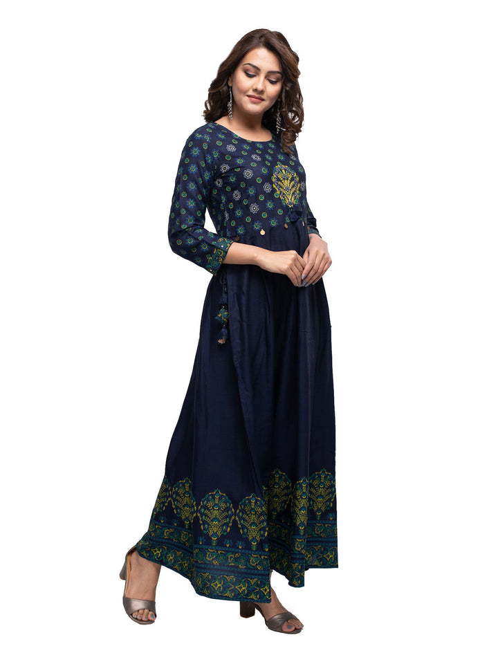 Blue Embroidery Printed Rayon Ethnic Gown (Set Of 1) - Kaajh - #tag4#