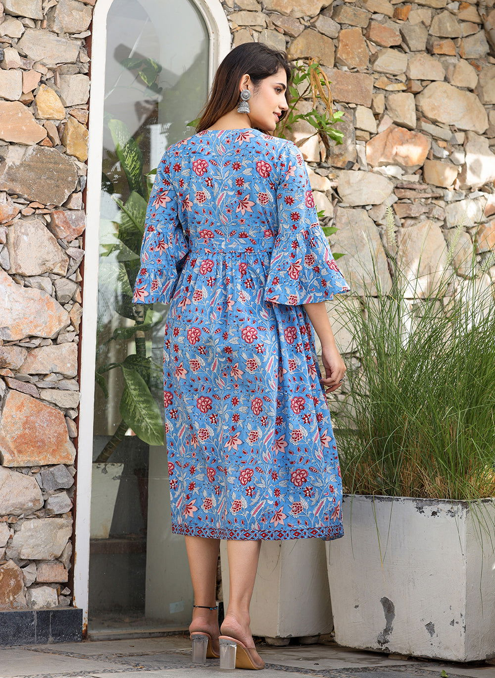 Blue Floral Printed Cotton Handblock Dress (pack of 1) - Kaajh - #tag4#